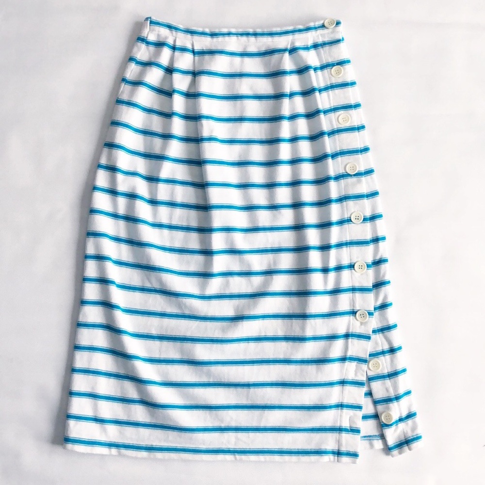 Teal and white striped midi skirt